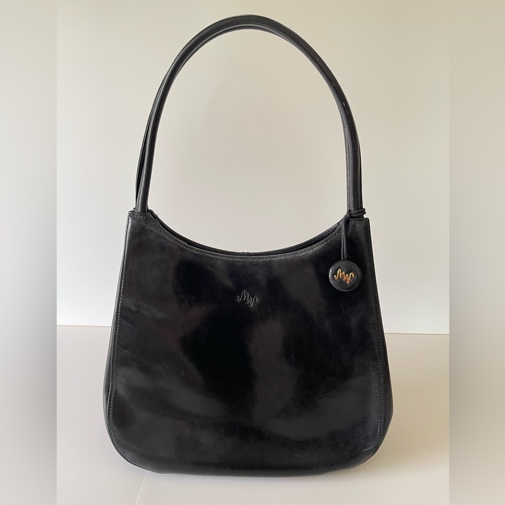 Monsac Leather Handbag Black Hobo Smooth Magnetic Top Close Two Handle Purse